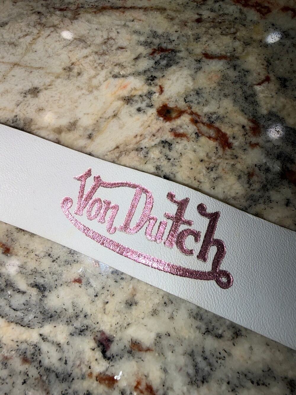 Von Dutch White Leather Pink Logo Cuff Bracelet